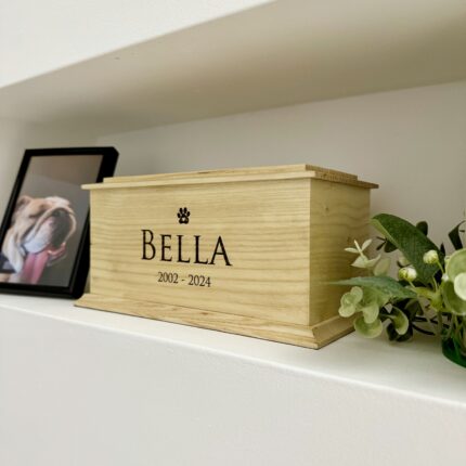 Wooden Pet Cremation Urn, a personalised pet memorial to help you cherish your beloved furry friend.