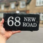 House Number and Road Name Slate House Sign. A dark grey slate house name plate deep engraved.